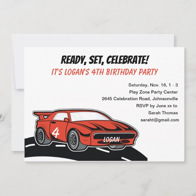 Red Race Car Birthday Party for Four Year Old Boy  Invitation (Front)