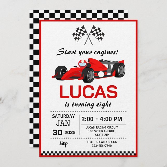 Red Race Car Birthday Party Invitation (Front/Back)