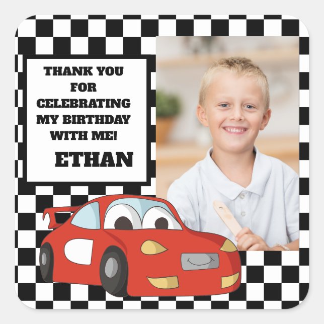 Red Race Car Birthday Party Photo Thank You Square Sticker (Front)