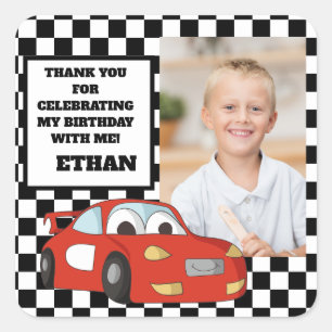 Red Race Car Birthday Party Photo Thank You Square Sticker