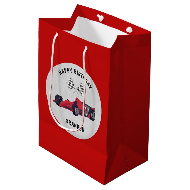 Red Race Car Birthday Personalised Medium Gift Bag (Front Angled)