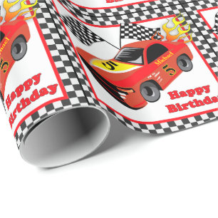 Red Race Car Black Check Personalise Wrapping Paper