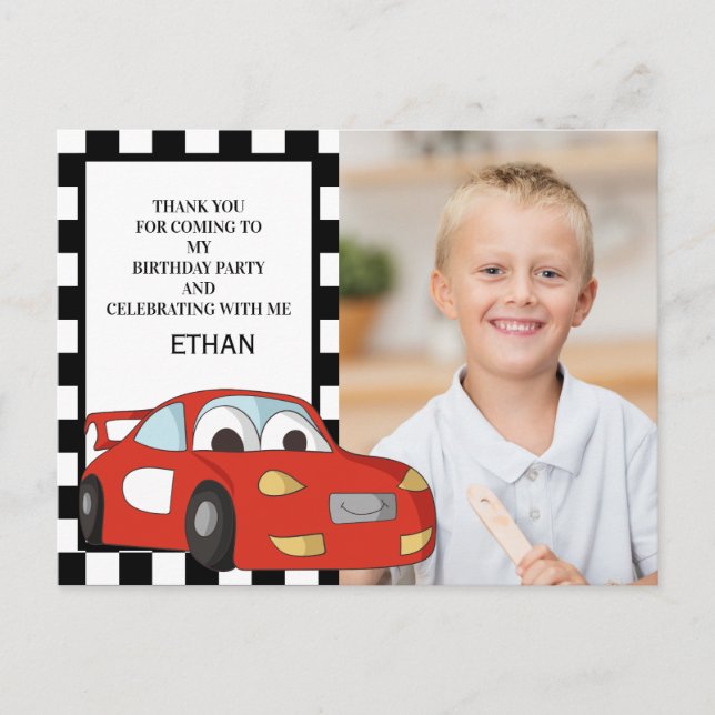 Red Race Car Black White Birthday Photo Thank You Postcard (Front)