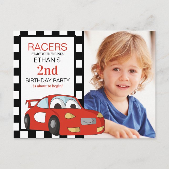 Red Race Car Black White Chequered 2nd Birthday  Postcard (Front)
