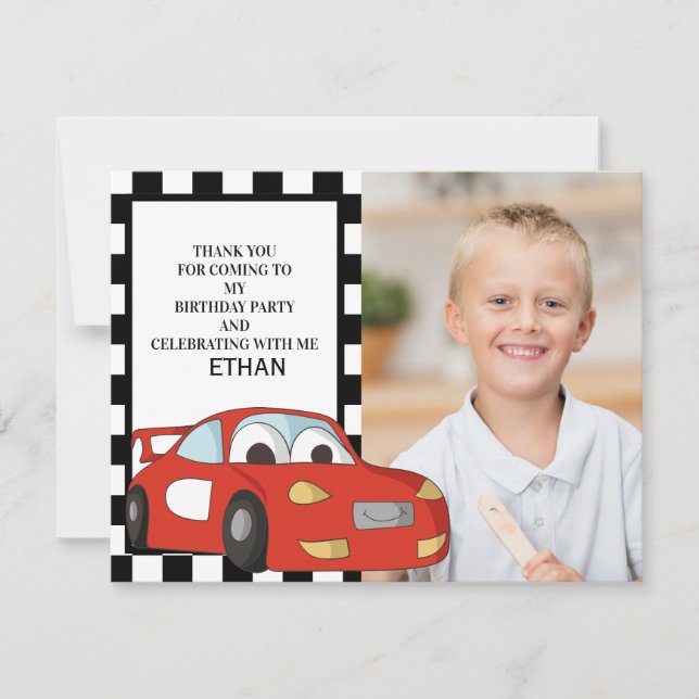 Red Race Car Black White Chequered Birthday Thank Holiday Card (Front)