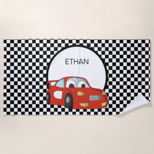 Red Race Car Black White Chequered Child's Beach Towel