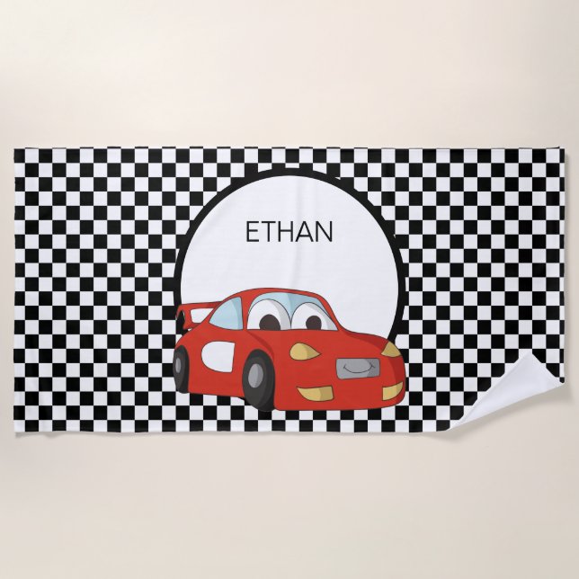 Red Race Car Black White Chequered Child's Beach Towel (Front)
