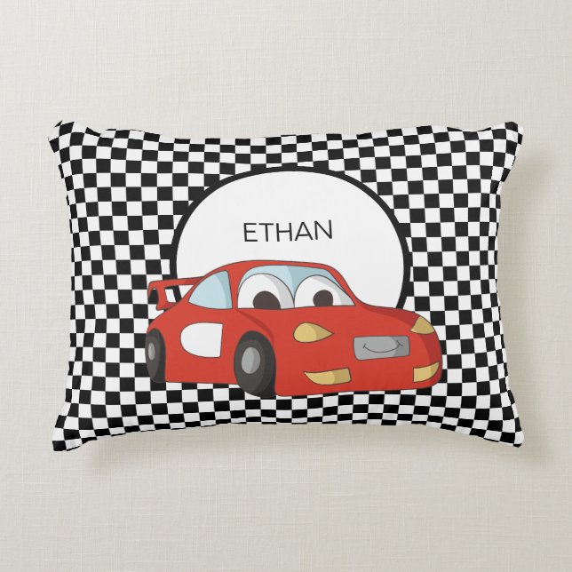 Red Race Car Black White Chequered Flag Child's  Decorative Cushion (Front)