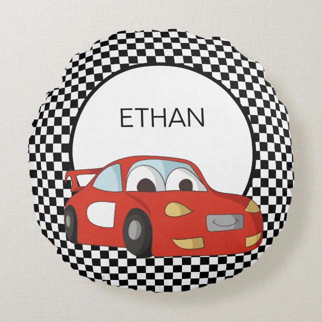Red Race Car Black White Chequered Flag Child's  Round Cushion (Front)