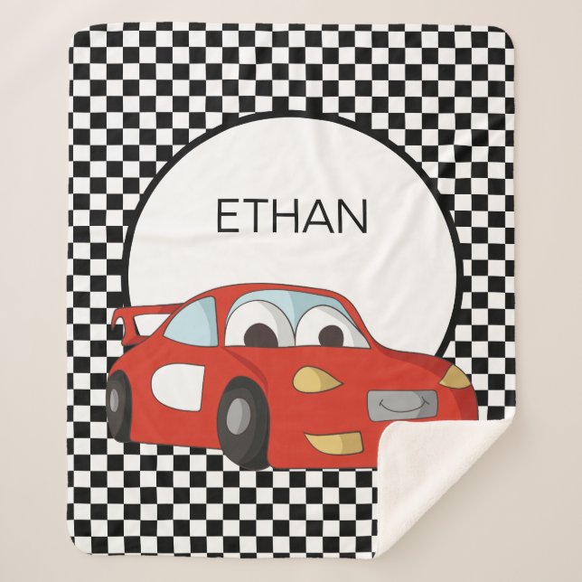 Red Race Car Black White Chequered Flag Child's Sherpa Blanket (Front)