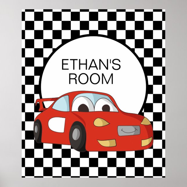 Red Race Car Black White Chequered Flag Name Poster (Front)