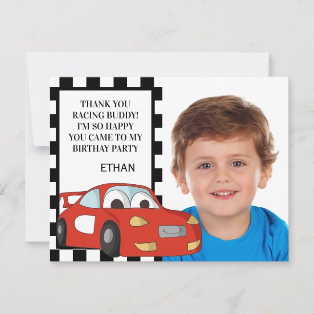 Red Race Car Black White Photo Birthday Thank You Holiday Card (Front)
