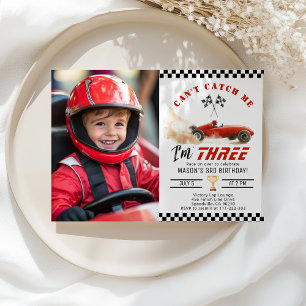 Red Race car Cant catch me Boy Photo 3rd Birthday Invitation