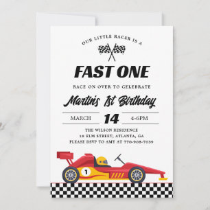 Red Race Car Checkered Flag Fast One 1st Birthday Invitation