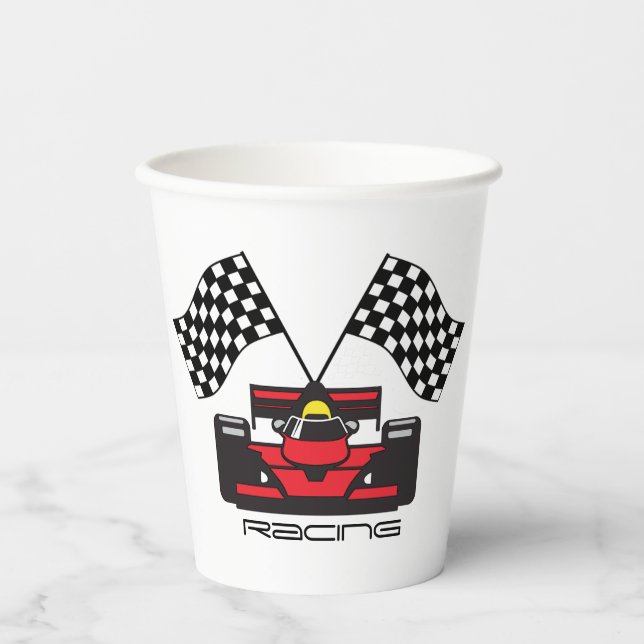 Red Race Car Chequered Flag Design Paper Cup (Front)