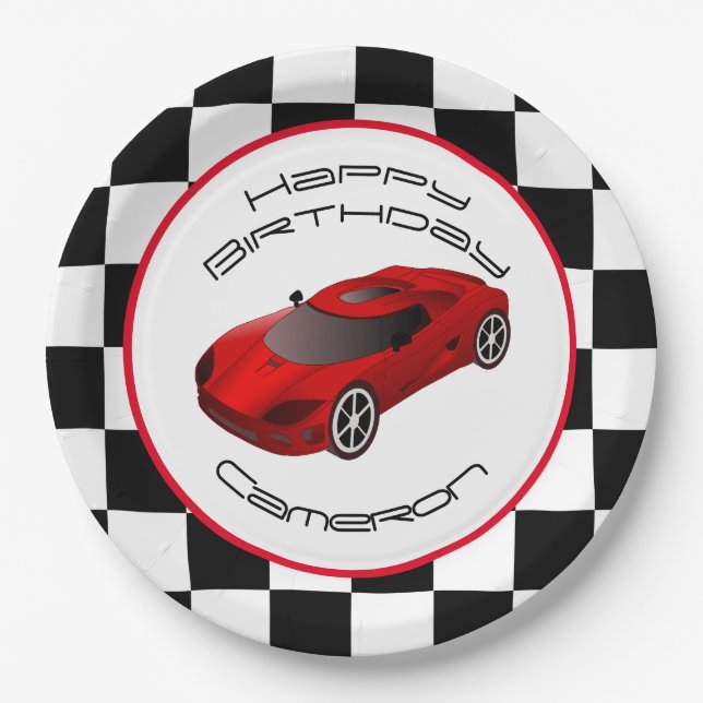 Red Race Car | Custom Birthday Party Paper Plate (Front)