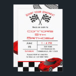Red Race Car | Custom Kids Birthday Invitation<br><div class="desc">Does your child LOVE cars? Start the party off right with these fun invitations featuring a black and white chequered flag pattern, red race car and tire tracks across the back of the invitation. Easily add your custom information and simply stamp and send! There are also matching accessories available to...</div>