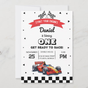 Red Race Car Custom Kids Birthday Party Invitation