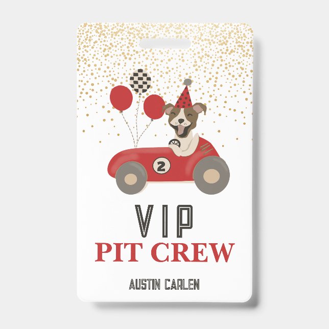 Red Race Car Dog Boys Birthday Party VIP ID Badge (Front)