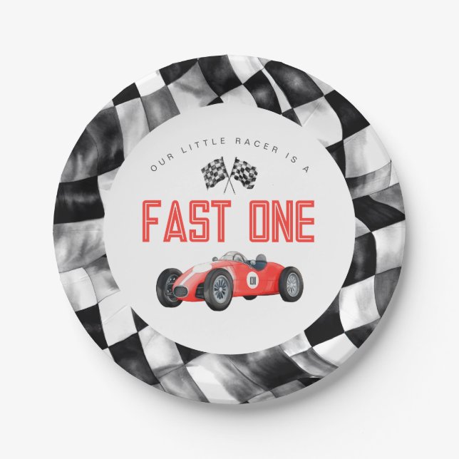 Red Race Car Fast One 1st birthday party Paper Plate (Front)