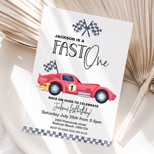 Red Race car FAST ONE Birthday invition Invitation (Red Race Car invitation FAST ONE)