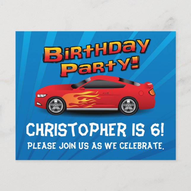 Red Race Car Flames Boys Birthday Party Invitation (Front)