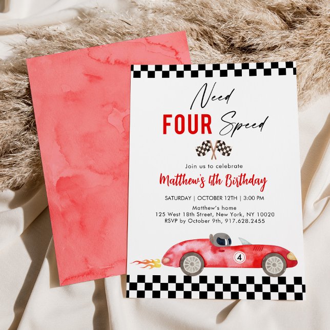 Red Race Car Fourth Birthday Invitation (Creator Uploaded)