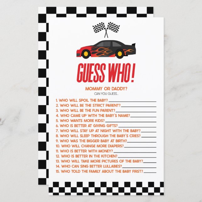 Red Race Car Guess Who Baby Shower Game (Front/Back)