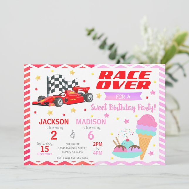 Red Race Car & Ice Cream Joint Birthday Invitation (Standing Front)