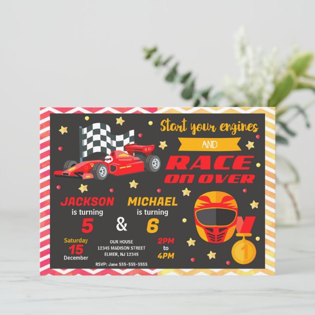 Red Race Car Joint Birthday | Retro F1 Car Invitation (Standing Front)