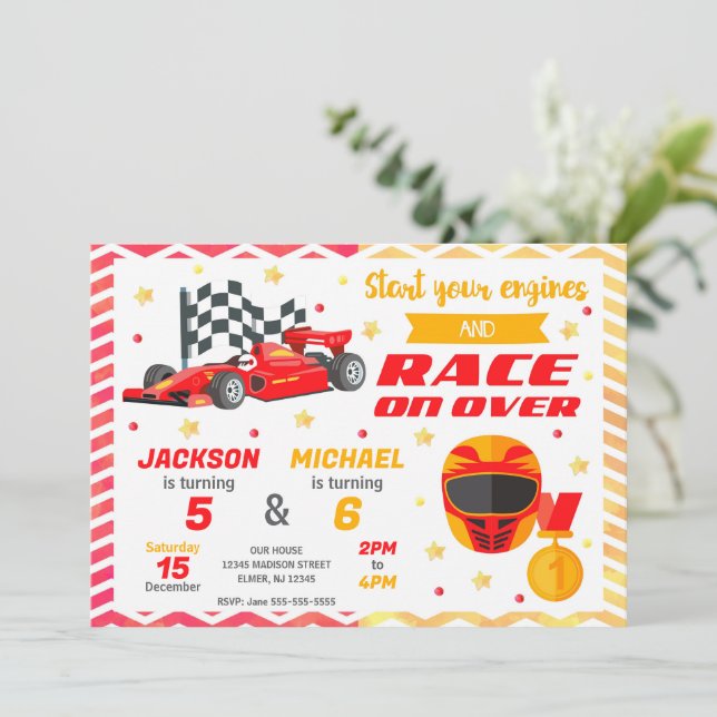 Red Race Car Joint Birthday | Retro F1 Car Invitation (Standing Front)