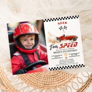 Red Race car Need four Speed 4th Birthday Photo Invitation