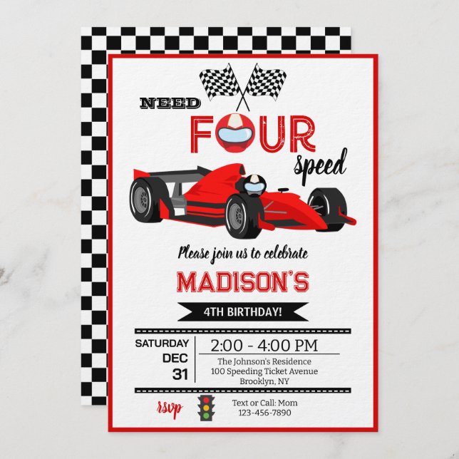 Red Race Car Need Four Speed Birthday Party Invitation (Front/Back)