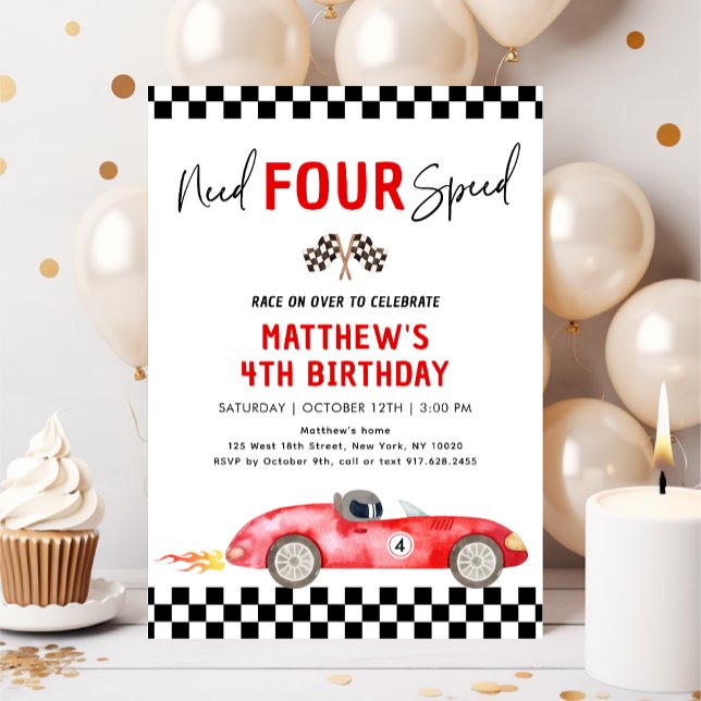 Red Race Car Need Four Speed Fourth Birthday Invitation (Creator Uploaded)