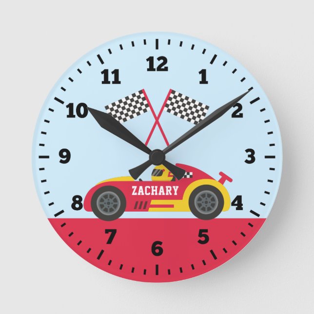 Red Race Car Racer Boys Bed Wall Decor Round Clock (Front)