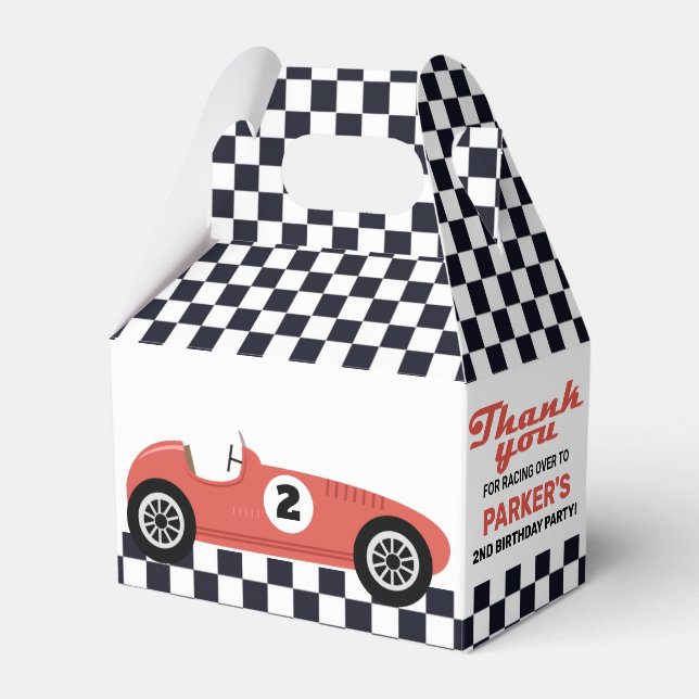 Red Race Car Racing Birthday Party Chequered Favour Box (Front Side)