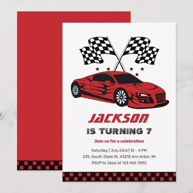 Red Race Car Racing Kids Boys Birthday Invitation (Front/Back)