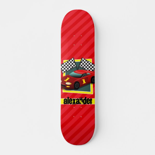 Red Race Car; Scarlet Red Stripes Skateboard (Front)