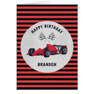 Red Race Car Striped Birthday Card