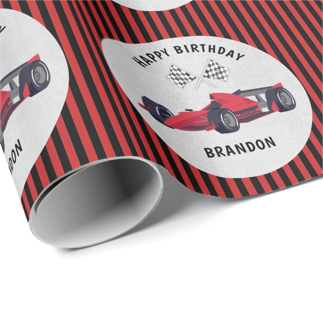 Red Race Car Striped Birthday Personalised Wrappin Wrapping Paper (Roll Corner)