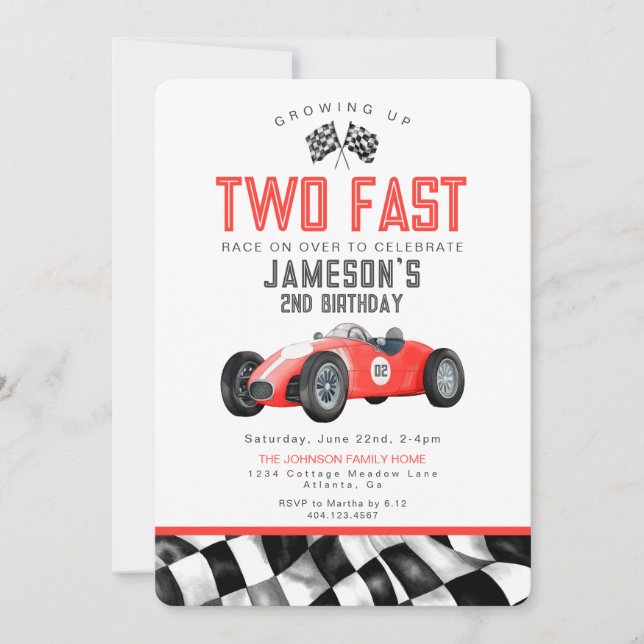 Red Race Car Two Fast 2nd Birthday Party Invite (Front)