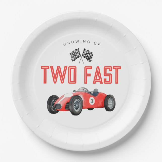 Red Race Car Two Fast 2nd birthday party Paper Plate (Front)