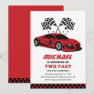 Red Race Car Two Fast Boys 2nd Birthday Invitation