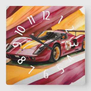 Red Race Car Watercolor Yellow Square Wall Clock