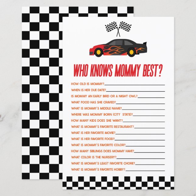 Red Race Car Who Knows Mummy Baby Shower Game (Front/Back)