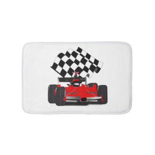 Red Race Car with Chequered Flag Bath Mat