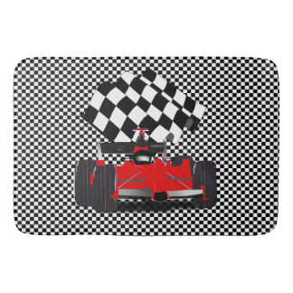 Red Race Car with Chequered Flag Bath Mat