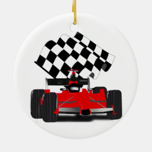 Red Race Car with Chequered Flag Ceramic Tree Decoration