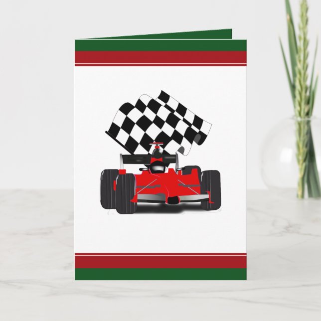 Red Race Car with Chequered Flag Christmas Holiday Card (Front)