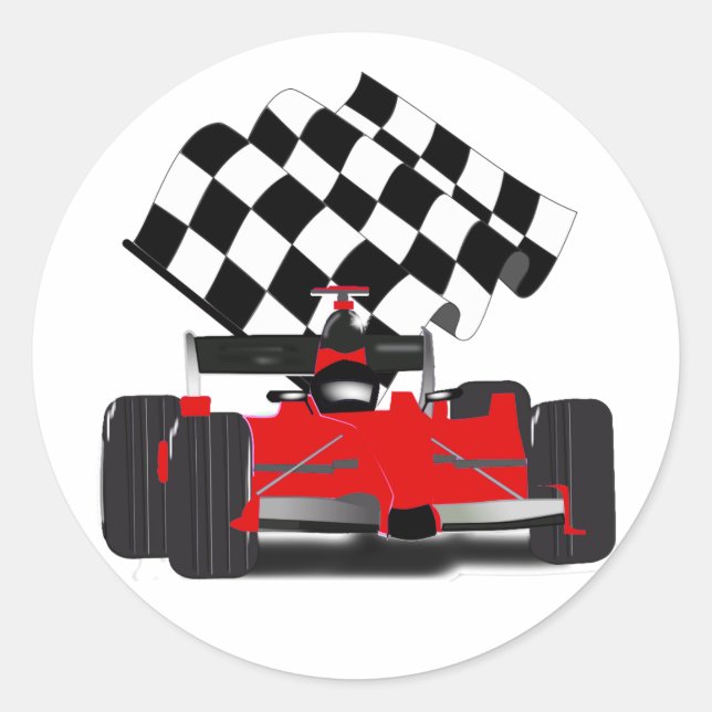 Red Race Car with Chequered Flag Classic Round Sticker (Front)